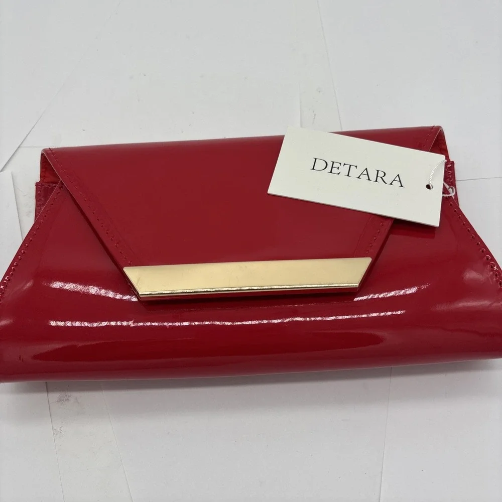 Detara Brand New Red Patent Leather Large Clutch Purse With Strap Gold Trim